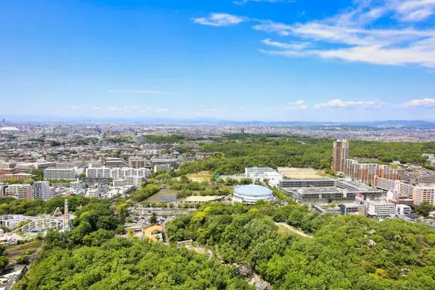 Cityscape of Nagoya city overlooking from the sunny Higashiyama Tower