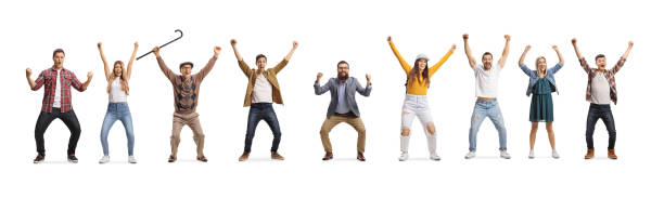istock Different people gesturing happiness and standing in a row isolated on white background 1346371490