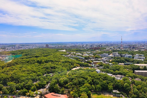 Cityscape of Nagoya city overlooking from the sunny Higashiyama Tower