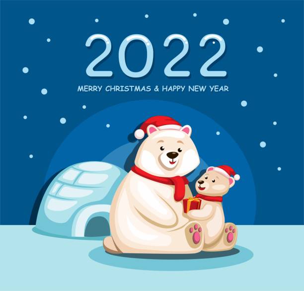 ilustrações, clipart, desenhos animados e ícones de 2022 natal e feliz celebração de ano novo com vetor de ilustração de desenho animado da família urso polar - christmas celebration beautiful surprise