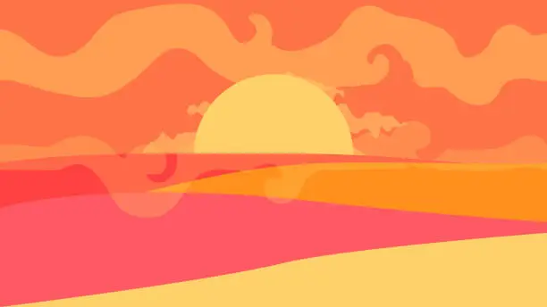 Vector illustration of Simple landscape composition - the sun on the background of the dunes.