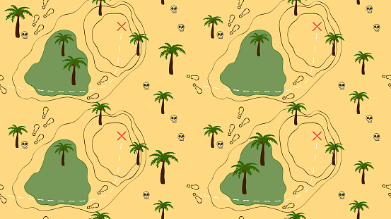 Hand-drawn seamless pattern of doodles and symbols - Treasure map. The theme of pirates and treasure hunters.