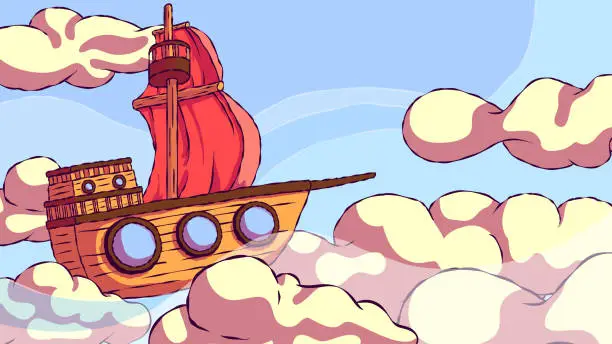 Vector illustration of Skyship in the clouds.