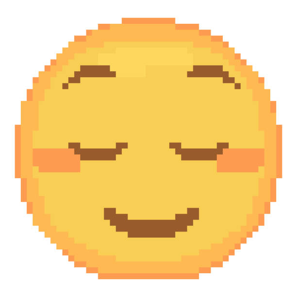 Pixel art Relieved emoticon. Pixel art Relieved emoticon. Retro pixel emoji of Content yellow face. Cute cartoon kawaii vector social media icon. 8 bit style Pleased emoji yellow smile. relieved face stock illustrations