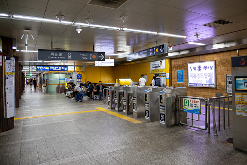 Busan, Korea  - June 22, 2019 :  Inside view of subway of Busan, Korea