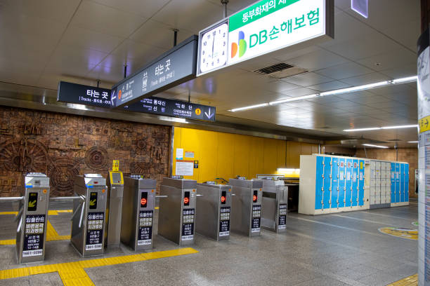Busan, Korea  - June 22, 2019 :  Inside view of subway of Busan, Korea