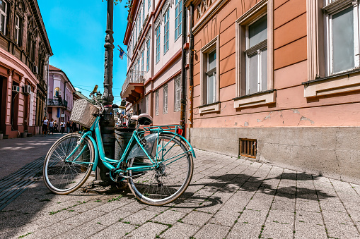 Blue Bicycle Parked On The Streets Of Novi Sad, Serbia