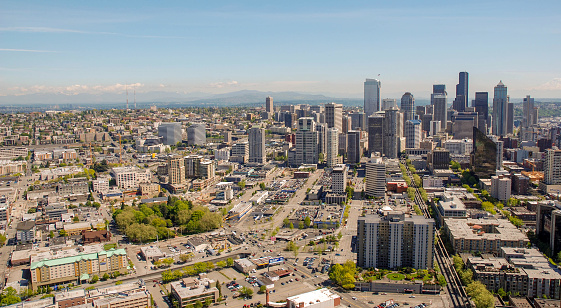 Seattle, Washington State, USA - May 2007: Wide angle view of the city from the observation deck of the Space Needle