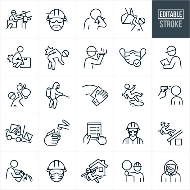 Workplace Health And Safety Thin Line Icons - Editable Stroke A set of workplace health and safety icons that include editable strokes or outlines using the EPS vector file. The icons include a utility worker working on a telephone wire while wearing a hard hat, a worker with injured back, sick worker sneezing into tissue, construction worker being injured by being hit with the bucket of an excavator, worker hurting back while lifting box, worker with hard hat and safety glasses, electrical engineer wearing a hard hat while working, face mask, worker inspecting work conditions, construction worker being injured by a rock slide, worker wearing hazmat suit spraying disinfectant, hand wiping surface, worker slipping and falling on water at work, worker getting temperature checked, forklift operator crashing forklift, hands washing with soap and water, safety checklist, construction worker wearing hardhat, face mask and safety vest, worker falling from rooftop, worker using fire extinguisher to put out fire, construction worker falling on job site and a construction worker holding a traffic stop sign. unsafe workplace stock illustrations