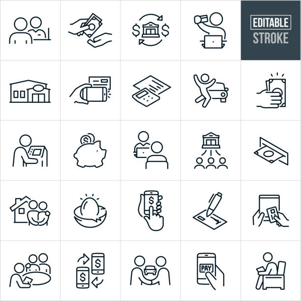 Banking Thin Line Icons - Editable Stroke A set of banking icons that include editable strokes or outlines using the EPS vector file. The icons include a bank teller helping a customer, cash exchanging hands, person with debit bank card doing online banking at laptop computer, bank building, credit union, electronic check deposit, calculator, car loan, hand with cash, person using an ATM machine, piggybank with coins, banker meeting with customer, bank giving out loans, couple using bank loan to purchase new house, nest egg, online banking using smartphone, check being signed, online banking using tablet PC, banker meeting with couple, mobile phone being used to pay and be paid, and other related icons. borrowing stock illustrations