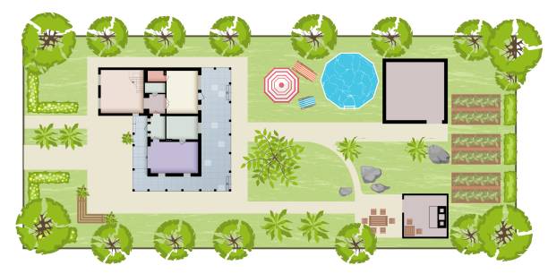 Top view of a country with house, courtyard, lawn and place for BBQ. Highly detailed landscape design plan Top view of a house. Vector illustration. Top view of a country with house, courtyard, lawn and place for BBQ. Highly detailed landscape design plan Top view of a house. Vector illustration. aerial view landscape stock illustrations