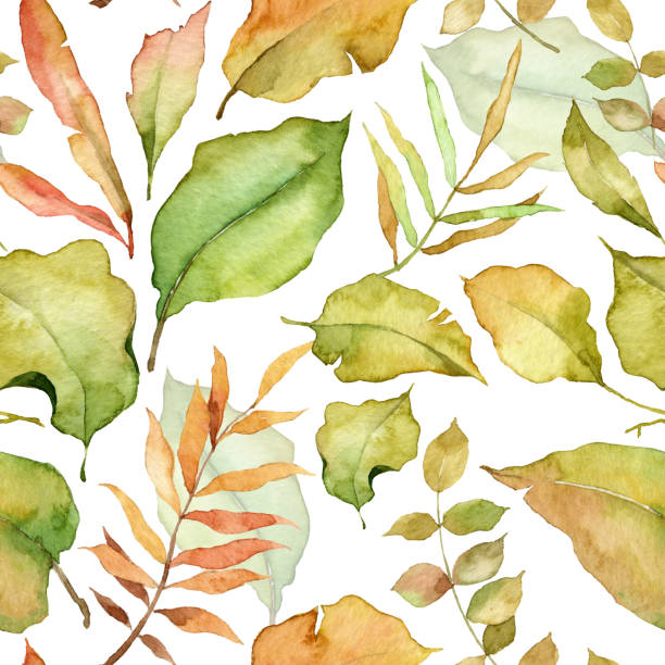istock Square seamless pattern with watercolor realistic gold coloured leaves. Hand painted plants on a white background. Template for backdrop and wrapping paper 1346379424