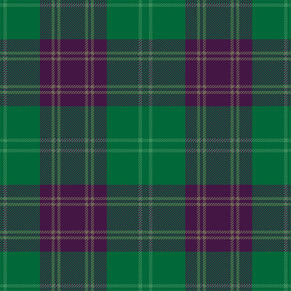 Green and purple Scottish tartan plaid pattern, fabric swatch close-up.