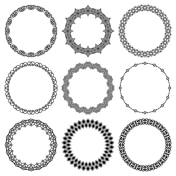 ilustrações de stock, clip art, desenhos animados e ícones de vector set of round frames in arabic style with abstract geometric ornament - round bale