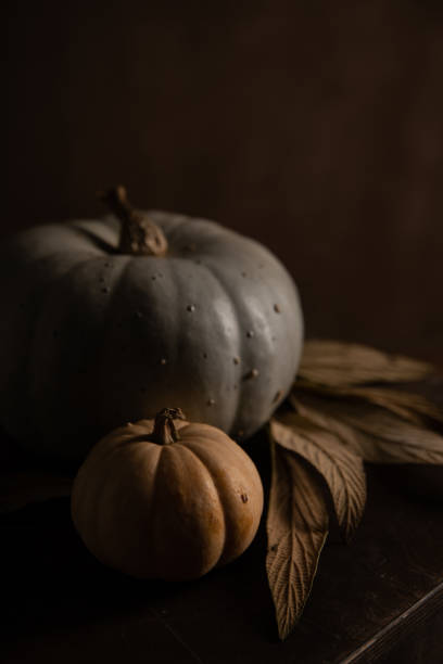istock Two pumpkins and dry leaves on dark background. 1346381585