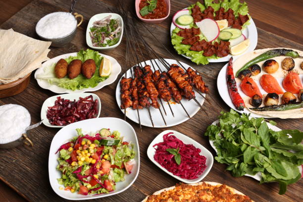 istock chicken shish kibbeh and various appetizers 1346381653