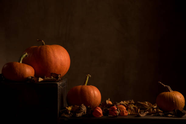 Orange pumpkins and dry leaves on dark background.