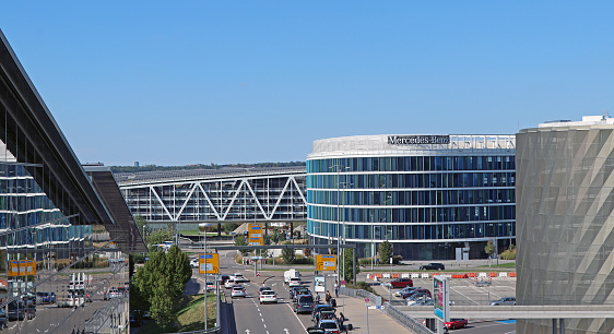 08 September 2018, Stuttgart, Germany: Mercedes Benz department office building near Stuttgart airport and parking garage.