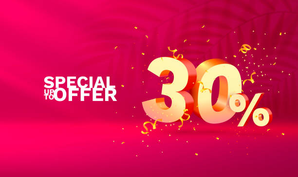 30 Off. Discount creative composition. 3d sale symbol with decorative objects, golden confetti, podium and gift box. Sale banner and poster. Vector 30 Off. Discount creative composition. 3d sale symbol with decorative objects, golden confetti, podium and gift box. Sale banner and poster. Vector illustration. 3d number 30 gold stock illustrations