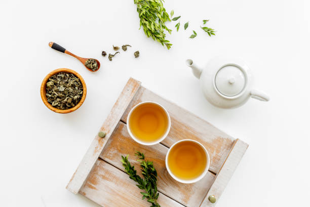 istock Asian tea set with white teapot and two cups, top view 1346384942