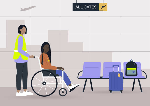 The airport staff member assisting a passenger on a wheelchair, transferring to the gate, inclusion and accessibility The airport staff member assisting a passenger on a wheelchair, transferring to the gate, inclusion and accessibility airline check in attendant stock illustrations