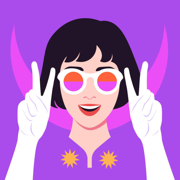 ilustrações, clipart, desenhos animados e ícones de uma jovem asiática está sorrindo e mostrando um sinal de vitória. um gesto. - immigrant women sunglasses portrait