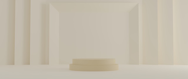 Producto de podio cosmético escena mínima con plataforma beige fondo 3d render. Soporte de pantalla para maqueta de color blanco pastel. stand mostrar belleza telón de fondo en pedestal. Diseño pastel de cilindro simple photo