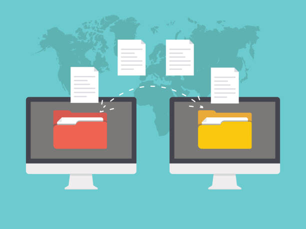 File transfer folder from computer pc to other computer pc on world map background File transfer folder from computer pc to other computer pc on world map background vector illustration filing documents stock illustrations