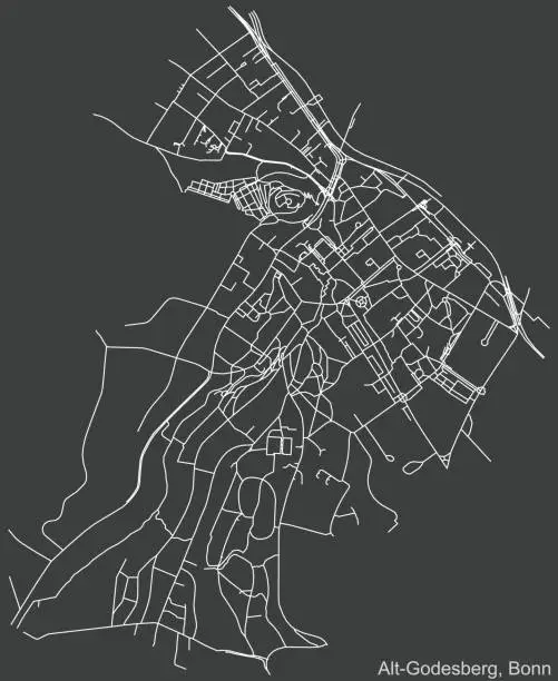 Vector illustration of Dark negative street roads map of the Alt-Godesberg sub-district of Bonn, Germany