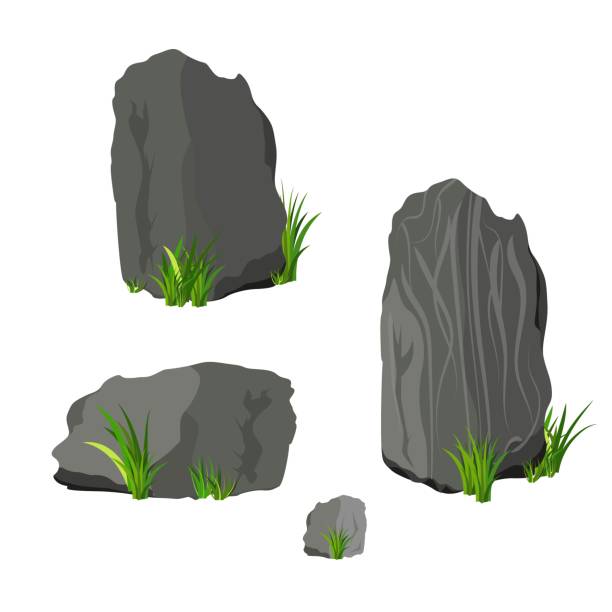 istock Vector rock stone and grass set cartoon. Stones and rocks in isometric 3d flat style. Set of different boulders. Cartoon or Video Game props 1346390645