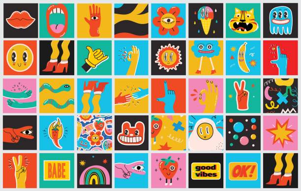 Big Set of Different colored Vector illustartion posters in Cartoon Flat design. Hand drawn Abstract shapes, funny cute Comic characters.