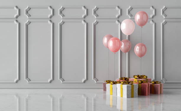 Luxurious living room with large window to the floor. The Palace is filled with pink balloons