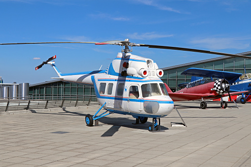 Stuttgart, Germany - September 08, 2018: Aircraft exhibition on the Stuttgart Airport. Historic Russian MiL-MI2 helicopter.