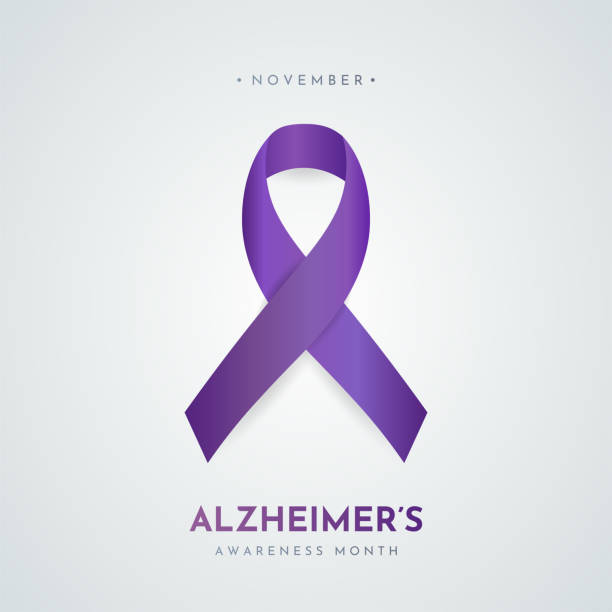 плакат месяца осведомленности о болезни альцгеймера. вектор - purple ribbon alzheimers disease alertness stock illustrations