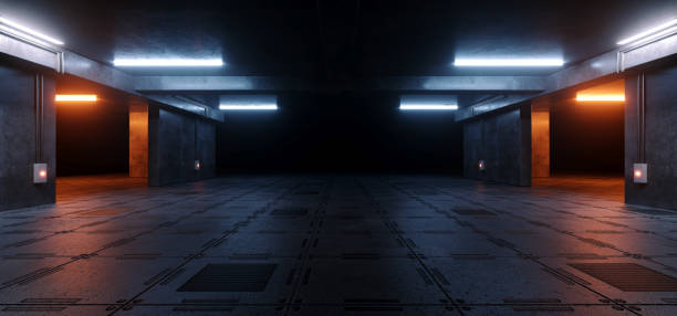 s f f未来ラフグランジセメントアスファルトコンクリートコンクリート近代的な地下格納庫パーキングトンネルトンネル金属床ショールーム廊下トンネル廊下現実的な表彰台車スペース3dレン - 飛行機格納庫 ストックフォトと画像