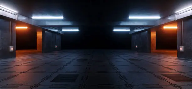 Sci Fi Futuristic Rough Grunge Cement Asphalt Concrete Modern Basement Hangar Parking Tunnel Metal Floor Showroom Hallway Tunnel Corridor Realistic Podium Car Space 3D Rendering Illustration