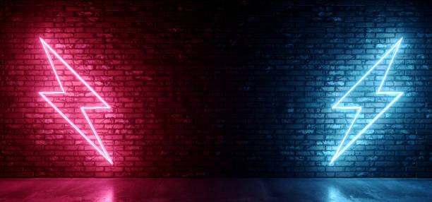 istock Neon Glowing Thunderbolts Retro Signs Glowing Fluorescent Brick Rough Grunge Wall Concrete Floor Club Hangar Studio Night Dark Vibrant Podium 3D Rendering 1346398206
