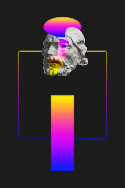 Collage with sculpture of human face in a pop art style. Modern creative concept image with ancient statue head. Zine culture. Contemporary art poster. Funky punk minimalism. Crypto art design.