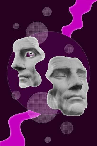istock Collage with sculpture of human face in a pop art style. Modern creative concept image with ancient statue head. Zine culture. Contemporary art poster. Funky punk minimalism. Retro surreal design. 1346401384