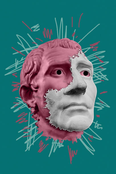 istock Collage with sculpture of human face in a pop art style. Modern creative concept image with ancient statue head. Zine culture. Contemporary art poster. Funky punk minimalism. Retro surreal design. 1346401396