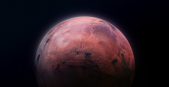 Planet Mars surface. Exploration and expedition on red planet. Red planet isolated on black background. Elements of this image furnished by NASA (url:https://mars.nasa.gov/system/resources/detail_files/6453_mars-globe-valles-marineris-enhanced-full2.jpg)
