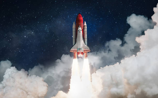 space shuttle rocket launch in the clouds with stars to outer space. space on background. sky and clouds. spaceship flight. elements of this image furnished by nasa - voar ilustrações imagens e fotografias de stock