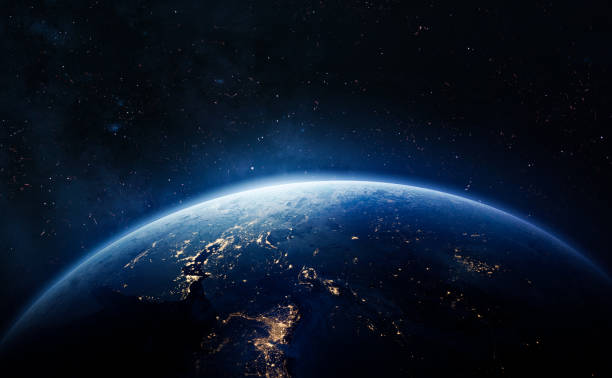 宇宙空間の夜の地球。抽象的な壁紙。惑星の都市灯。夜の地球。文明。nasaによって提供されたこの画像の要素 - 宇宙 ストックフォトと画像