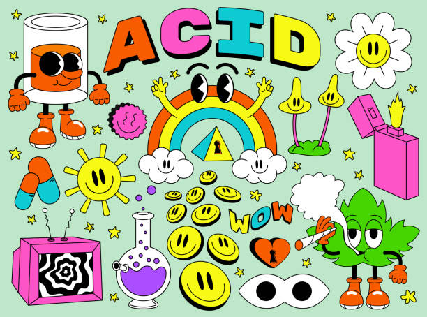 acid abstract characters and objects. in a cartoon style, a set of bright psychedelics, all elements are isolated - 彩虹 插圖 幅插畫檔、美工圖案、卡通及圖標