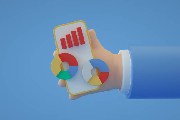 istock Cartoon character hand holding mobile smart phone with data chart, Financial reports, data analysis 1346402636