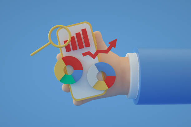 istock Cartoon character hand holding mobile smart phone with data chart, Financial reports, data analysis 1346402820