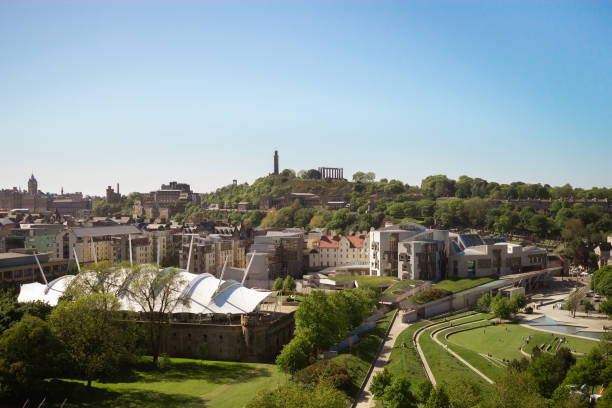 Edinburgh Cityscape View of Scottish Parliament, Calton Hill and Dynamic Earth from Arthur's Seat stock photo