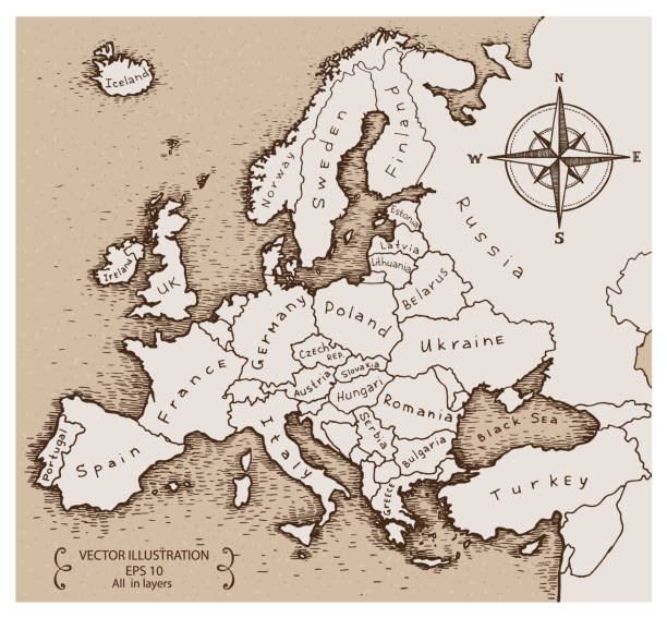 ilustraciones, imágenes clip art, dibujos animados e iconos de stock de mapa vintage de europa. - españa suecia