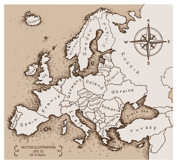 stockillustraties, clipart, cartoons en iconen met vintage map of europe. - illustraties van middellandse zee