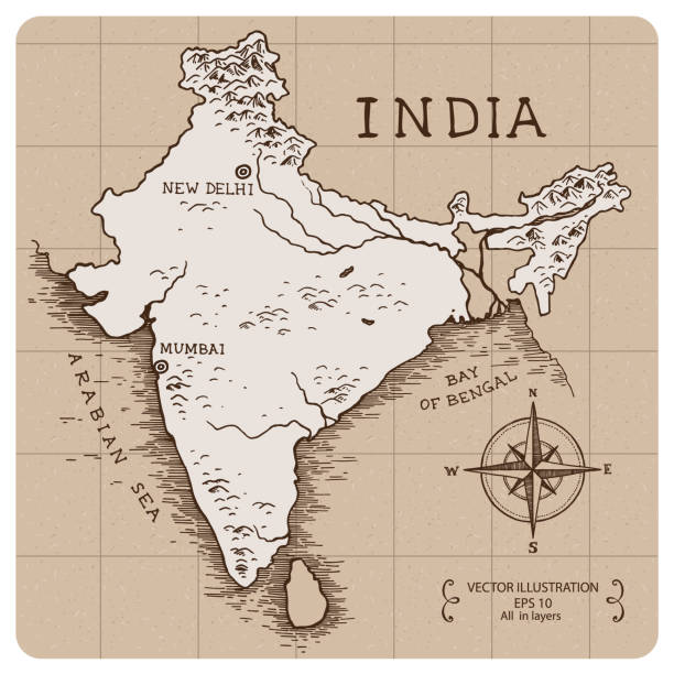 Vintage Map of India. Hand drawn vector illustration. old indian stock illustrations